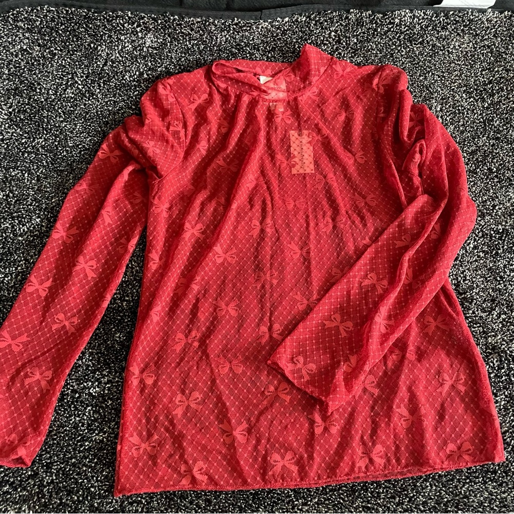 Anthropologie Maeve Bow Sheer Lace Turtleneck Top Red - Picture 9 of 10